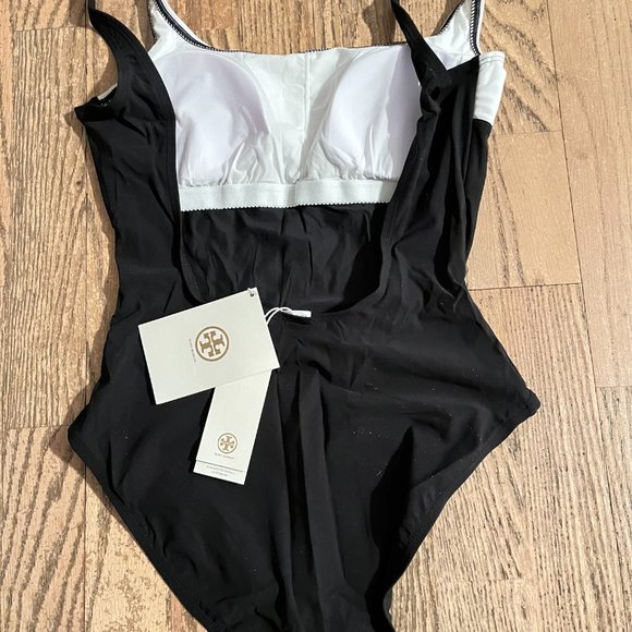 NWT TORY BURCH COLOR BLOCKED LOGO TAN SWIM SUIT 1 PIECE SWIMWEAR BLACK WHITE XS - Picture 7 of 8